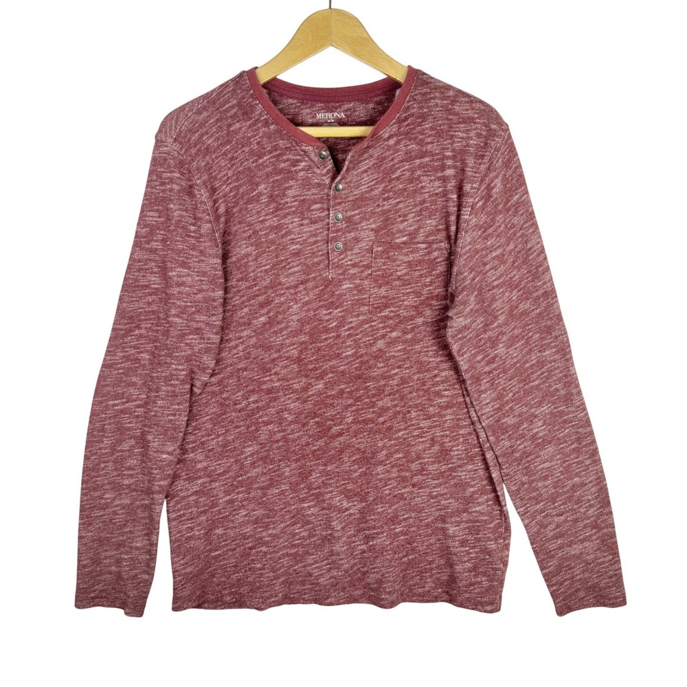 Merona Mens Burgundy Red Marl Henley Long Sleeve Shirt Single Pocket Size M